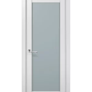 Solid French Door Frosted Glass | Planum 2102 White Matte | Single Regular Panel Frame Trims Handle | Bathroom Bedroom Sturdy Doors